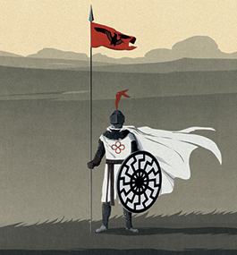 illustration of a medieval knight holding a battle flag in one hand and a shield in the other, with cape waving in the breeze.